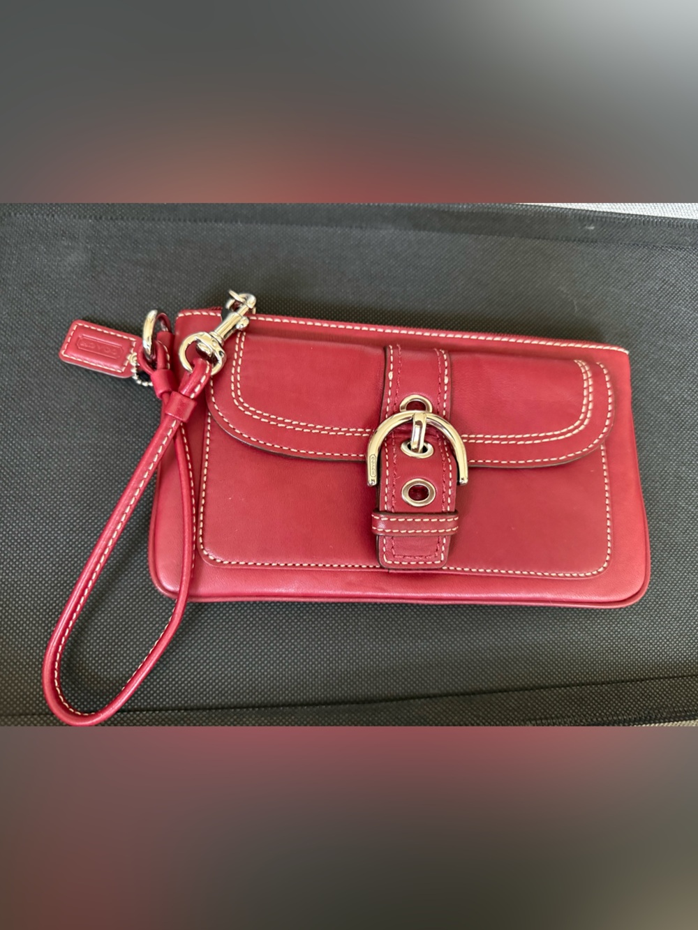 Coach Red Leather Wristlet Clutch with Buckle Detail